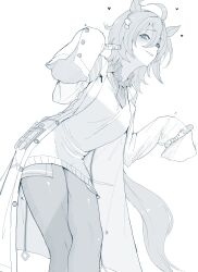 1girl absurdres agnes_tachyon_(umamusume) ahoge animal_ears blush coat commentary crossed_legs double-parted_bangs english_commentary hair_ornament highres holding holding_test_tube horse_ears looking_at_viewer monochrome necktie open_clothes open_coat pantyhose sally_(luna-arts) short_necktie sleeves_past_fingers sleeves_past_wrists solo sweater test_tube umamusume