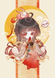 1girl absurdres ahoge alternate_costume animal animal_on_head barefoot brown_hair chibi chibi_only chinese_clothes closed_mouth colored_extremities commentary_request full_body fuyuan_(honkai:_star_rail) hair_ornament hand_up hanfu highres holding honkai:_star_rail honkai_(series) lingsha_(honkai:_star_rail) long_hair looking_at_viewer on_head orange_eyes qian_mu_fei_fire rabbit red_feet red_hands smile solo tassel tassel_hair_ornament