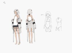 Rule 34 | 1girl, black skirt, camisole, character name, clothes down, clothing cutout, dark-skinned female, dark skin, double-parted bangs, full body, grey background, grey hair, grey jacket, heavily armed high school girls, hood, hooded jacket, jacket, long hair, miniskirt, multiple views, neco, null (neco), pleated skirt, reference sheet, side cutout, simple background, skirt, sleeves past fingers, sleeves past wrists, solo, spaghetti strap, standing, thigh strap, turnaround, white camisole