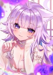 1girl animal_ears bare_shoulders blurry blurry_background blush bra breasts cat_ears cat_girl cleavage highres hololive indoors komiojisan long_hair nekomata_okayu purple_eyes purple_hair solo underwear upper_body virtual_youtuber white_bra