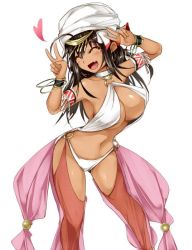 1girl ^_^ arabian_clothes armband armpits bare_shoulders bikini black_hair blush bracelet breasts closed_eyes dancer dark-skinned_female dark_skin double_v fang female_focus harem_pants hat heart jewelry kappamaru large_breasts lilitales long_hair navel o-ring o-ring_bikini open_mouth pants revealing_clothes sarong simple_background smile solo swimsuit v white_background wristband