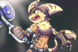 animal animal_ears blood blood_on_face creature fluffy furry furry_male game_console gloves green_eyes hurt open_mouth pants pojinegaio ratchet_&amp;_clank ratchet_(ratchet_&amp;_clank) sony striped_fur wrench