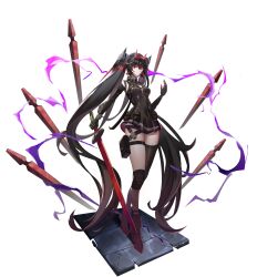 1girl absurdly_long_hair absurdres black_dress black_hair black_thighhighs dress fake_horns floating floating_object floating_weapon full_body headgear highres holding holding_sword holding_weapon horns joints katana long_hair lucia:_dawn_(pgr) lucia_(pgr) mechanical_arms pouch punishing:_gray_raven red_eyes red_horns red_streaks robot_joints single_thighhigh solo sword thigh_pouch thighhighs twintails very_long_hair weapon zhangziyussj