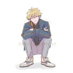 1boy black_hair black_shirt blonde_hair blue_jacket closed_mouth crossed_arms english_text ese000_0 full_body grey_pants hair_between_eyes jacket long_sleeves looking_at_viewer male_focus multicolored_hair orange_eyes pants shiguang_dailiren shirt shoes short_hair simple_background smile sneakers solo squatting turtleneck twitter_username watermark white_background white_shoes xia_fei zipper zipper_pull_tab