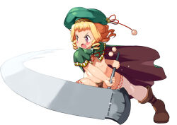1girl axe blonde_hair boots brown_boots cape commentary_request fang flat_chest full_body green_cape green_hat hat hat_ribbon holding holding_axe kuroinu_~kedakaki_seijo_wa_hakudaku_ni_somaru~ loli maebari medium_hair naked_cape open_mouth pink_eyes pom_pom_(clothes) red_ribbon ribbon ringlets ruu_ruu short_bangs simple_background solo standing stomach thighhighs two-sided_cape two-sided_fabric v-shaped_eyebrows white_background white_thighhighs yu_3