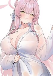 1girl blue_archive green_eyes halo hanako_(blue_archive) hanako_(swimsuit)_(blue_archive) highres nakano_kura official_alternate_costume oversized_clothes oversized_shirt pink_hair pink_halo see-through_clothes see-through_shirt shirt solo tongue tongue_out wet wet_clothes wet_shirt