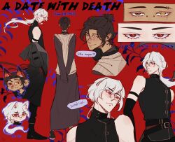 2boys :&lt; :3 a_date_with_death absurdres animal_ears belt black_boots black_gloves blush boots brown_eyes brown_hair brown_shirt casper_(a_date_with_death) chibi chibi_inset colored_speech_bubble dog_ears double-parted_bangs earrings elbow_gloves eyebrow_piercing face_piercing fox_ears full_body gloves hair_between_eyes hair_bun hair_flowing_over head_tilt headphones headphones_around_neck heterochromia highres hoop_earrings jacket jacket_on_shoulders jewelry light_blush long_hair long_skirt looking_at_another multiple_belts multiple_boys multiple_views nose_blush outline piercing plant purple_outline red_background red_eyes sadlad03 shirt single_elbow_glove skirt sleeveless sleeveless_turtleneck slit_pupils speech_bubble sweater_vest turtleneck white_hair yellow_eyes zooming_in