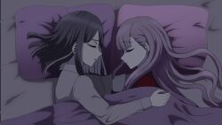 animated bed bed_sheet brother_and_sister cuddling ear_piercing hair_down piercing pillow pink_hair purple_hair siblings sleeping tagme the_hundred_line_-last_defense_academy- tsukumo_ima tsukumo_kako twins upper_body video