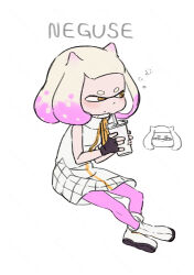 1girl ankle_boots bare_shoulders black_gloves blunt_bangs boots breasts bubble collared_dress commentary_request coula_cat cross-shaped_pupils crossed_legs cup doodle_inset dot_nose dress drinking drinking_straw drinking_straw_in_mouth fingerless_gloves full-length_zipper gloves hair_horns highres holding holding_cup inkling invisible_chair medium_hair multicolored_hair narrowed_eyes nintendo pantyhose pearl_(off_the_hook_outfit)_(splatoon) pearl_(splatoon) pink_hair pink_pantyhose simple_background sitting sleeveless sleeveless_dress small_breasts solo splatoon_(series) splatoon_2 symbol-shaped_pupils tentacle_hair thick_eyebrows three_quarter_view two-tone_hair white_background white_boots white_dress white_hair yellow_eyes yurie_mouth zipper zipper_dress zipper_pull_tab
