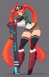 1girl :&gt; absurdres ahoge arched_back armored_boots armored_gloves belt black_thighhighs blush boots borrowed_character breasts brown_shorts closed_mouth doce energy_gun female_focus full_body goggles goggles_on_head green_jacket grey_background highres jacket large_breasts leotard long_hair looking_at_viewer navel one_eye_closed open_clothes open_jacket orange_hair original shadow short_shorts shorts simple_background skindentation smile solo thighhighs thighs twintails very_long_hair weapon white_leotard wink yellow_eyes
