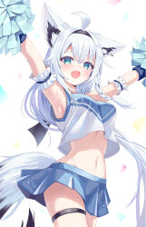 :d absurdres ahoge alternate_costume animal_ear_piercing animal_ears aqua_eyes armpits arms_up black_hairband blue_skirt braid cheerleader crop_top crop_top_overhang cropped_shirt crossed_bangs double-parted_bangs fox_ears fox_girl fox_tail groin hair_between_eyes hairband highres holding holding_pom_poms hololive long_hair low_ponytail miniskirt navel open_mouth outstretched_arms pom_pom_(cheerleading) pom_poms ponytail shirakami_fubuki shirt side_braid single_braid skirt sleeveless sleeveless_shirt smile stomach tail thigh_strap togemaru34 virtual_youtuber white_hair white_shirt
