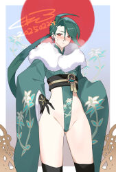 1girl 2025 alternate_costume black_thighhighs blue_background blush bright_pupils cowboy_shot dated earrings fur_collar green_hair green_kimono hand_on_own_hip highres japanese_clothes jewelry kimono leotard long_hair nintendo pokemon pokemon_sv ponytail red_eyes rika_(pokemon) solo sweatdrop thighhighs ukimukai white_leotard wide_hips