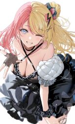 1girl black_dress blonde_hair blue_eyes breasts cleavage commentary criss-cross_halter dress english_commentary fingerless_gloves fishnet_gloves fishnets gloves hair_bun hair_ornament halterneck highres kotoka_torahime lightning_bolt lightning_bolt_hair_ornament lightning_bolt_symbol long_hair looking_at_viewer mimoza_(96mimo414) mixed-language_commentary multicolored_hair nijisanji nijisanji_en off-shoulder_dress off_shoulder one_eye_closed pink_hair scrunchie simple_background smile solo split-color_hair virtual_youtuber white_background wrist_scrunchie