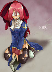 1girl 2000s_(style) bad_id black_thighhighs blue_dress book bow breasts closed_mouth commentary_request dated_commentary dress full_body garter_straps hair_bow holding holding_book juliet_sleeves kaisanbutsu large_bow long_sleeves lowres medium_breasts pink_hair priest_(ragnarok_online) puffy_sleeves ragnarok_online red_bow seiza short_hair side_slit sitting solo thighhighs torn_clothes torn_dress torn_thighhighs white_blindfold