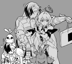 Rule 34 | !, 1boy, 1girl, ?, absurdres, animal, animal on head, bag, bare shoulders, bird, bird on head, blush, boothill (honkai: star rail), breasts, commentary request, couple, cup, cyborg, detached collar, detached sleeves, disposable cup, dress, drinking, drinking straw, ear piercing, earrings, eye contact, feathered wings, gloves, greyscale, hair over one eye, halo, hand on another&#039;s arm, head wings, hetero, highres, holding, holding bag, holding cup, honkai: star rail, honkai (series), indirect kiss, jewelry, long hair, looking at animal, looking at another, mechanical hands, monochrome, mrsw0911, multicolored hair, multiple views, on head, open mouth, origami bird (honkai: star rail), pearl earrings, piercing, robin (honkai: star rail), shopping bag, simple background, speech bubble, split-color hair, spoken exclamation mark, spoken question mark, sweatdrop, two-tone dress, wings