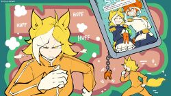 2girls absurdres animal_ears blonde_hair cellphone character_charm charm_(object) closed_eyes english_text highres horse_ears horse_girl horse_race_tests horse_tail jovial_merryment lightning_strikes_thrice lilpoplil2468 military_uniform multiple_girls multiple_views orange_hair phone running smartphone tail white_streaks yellow_eyes yellow_tail