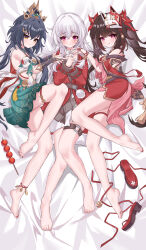 3girls absurdres aichinaigai barefoot black_hair blush brown_hair clara_(honkai:_star_rail) dango feet food highres honkai:_star_rail honkai_(series) licking_lips loli long_hair looking_at_viewer multiple_girls parted_lips pink_eyes red_eyes shoes soles sparkle_(honkai:_star_rail) toes tongue tongue_out unworn_shoes wagashi white_hair yellow_eyes yunli_(honkai:_star_rail)
