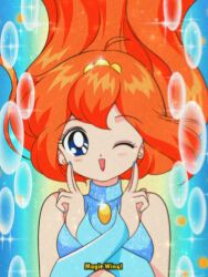 1990s_(style) 1girl ahoge animification bad_id bad_twitter_id bare_shoulders bishoujo_senshi_sailor_moon bloom_(winx_club) blue_arm_warmers blue_background blue_eyes blue_nails blue_shirt bubble chest_jewel commentary crop_top crossed_arms dot_nose earrings english_commentary english_text eyelashes eyeshadow fake_screenshot faux_retro_artstyle film_grain floating_hair gem glitter gold_tiara hair_floating_upwards happy highres honeymoonpetal jewelry light_blush light_particles long_hair looking_at_viewer magical_girl makeup midriff mini_tiara nail_polish one_eye_closed open_mouth orange_hair parody pink_eyeshadow retro_artstyle shirt smile solo sparkle stud_earrings style_parody tareme turtleneck turtleneck_shirt upper_body very_long_hair winx_club yellow_gemstone