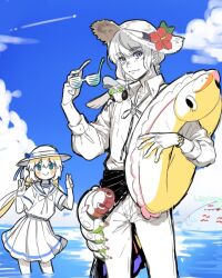 1boy 1girl artoria_caster_(fate) artoria_pendragon_(fate) blue_eyes bracelet bug cernunnos_(fate) cloud collared_shirt day dress fate/grand_order fate_(series) flower green_eyes hat hat_flower holding holding_removed_eyewear horns innertube jewelry looking_at_viewer medium_hair oberon_(fate) ocean ohana_(tarao38_sannma) pants partially_colored sailor_collar shirt sky smile straw_hat sunglasses swim_ring unworn_eyewear v white_dress