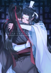 Rule 34 | 2boys, ahoge, artist name, black hair, black hanfu, blurry, blurry background, chinese clothes, closed eyes, comforting, commentary, crying, english commentary, hair ribbon, hanfu, headband, high ponytail, hug, lan wangji, long hair, long sleeves, male focus, minataka94, modao zushi, multiple boys, night, ponytail, red ribbon, red sash, ribbon, robe, sash, sitting, tears, topknot, twitter username, very long hair, watermark, wei wuxian, white hanfu, white headband, wide sleeves, window, xiao guan (headdress), yaoi