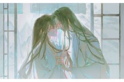 2boys absurdres alternate_costume alternate_hairstyle bathrobe bishounen black_hair blush brown_hair chinese_clothes chinese_commentary closed_eyes collarbone couple face-to-face forehead-to-forehead from_side hair_down hanfu heads_together hickey highres holding holding_another&#039;s_wrist holding_ribbon indoors lan_wangji lattice light_particles long_hair long_sleeves male_focus modao_zushi mountain multiple_boys parted_lips profile red_ribbon ribbon robe sidelocks sliding_doors smile snow snowing upper_body very_long_hair wei_wuxian white_robe wide_sleeves window window_blinds xianyu_tuitui yaoi