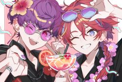 2boys black_shirt blue-tinted_eyewear braid cocktail_glass collared_shirt cup drinking_glass drinking_straw flower flower_necklace grin gyaru_v hair_flower hair_ornament ice jewelry kanyoko_(yuzukano_17) ketsugou_danshi:elements_with_emotions looking_at_viewer male_focus multiple_boys necklace one_eye_closed pink-tinted_eyewear purple-tinted_eyewear purple_hair shirt single_braid smile tinted_eyewear ukiishi_misora v yasukata_eito