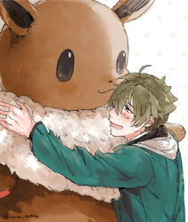 1boy ahoge blonde_hair blue_eyes blush commentary_request eevee gen_1_pokemon green_jacket hugging_object idolmaster idolmaster_side-m jacket kashiwagi_tsubasa male_focus mascot_costume nana_tetra nintendo open_mouth pokemon pokemon_(creature) simple_background solo upper_body white_background