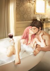 1boy 1girl alcohol alternate_hairstyle bath bathtub brown_hair bubble_bath claude_von_riegan claude_von_riegan_(timeskip) closed_eyes couple cup dark-skinned_male dark_skin drinking_glass earrings facial_hair fire_emblem fire_emblem:_three_houses french_kiss hetero highres hilda_valentine_goneril hilda_valentine_goneril_(timeskip) holding holding_cup indoors jewelry kiss mixed-sex_bathing muscular nintendo nude pink_hair red_wine shared_bathing spykeee twitter_username wine wine_glass