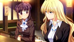 2girls ahoge alcohol ascot beer beer_mug black_jacket blonde_hair blue_brooch blue_eyes breasts brown_hair brown_jacket closed_mouth collared_shirt cup double_bun elbow_rest fumio_(ura_fmo) game_cg glasses grisaia_(series) grisaia_no_rakuen hair_between_eyes hair_bun harudera_yuria holding holding_cup indoors jacket jewelry large_breasts large_variant_set long_hair long_sleeves looking_at_another mole mole_under_eye mug multiple_girls necklace non-web_source official_art on_chair parted_lips red_eyes shirt short_hair_with_long_locks sidelocks sitting suit_jacket tachibana_chizuru_(grisaia) variant_set wavy_hair white_ascot white_shirt wooden_chair