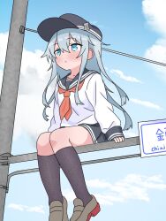Rule 34 | 1girl, arm support, black collar, black hat, black leggings, black skirt, black socks, blue eyes, blue sky, blush, closed mouth, cloud, cloudy sky, collar, collarbone, collared shirt, expressionless, flat cap, full body, hair between eyes, hat, hibiki (kancolle), highres, kantai collection, kneehighs, leggings, long hair, long sleeves, looking at another, mast, matu (matu19), neckerchief, puffy sleeves, red neckerchief, sailor collar, school uniform, serafuku, shirt, sidelocks, sitting, skirt, sky, sleeves past wrists, socks, solo, white hair, white shirt