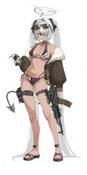1girl absurdly_long_hair absurdres assault_rifle bikini black_bikini black_tail blue_archive breasts dark-skinned_female dark_skin demon_tail dog_tags eyewear_on_head grey_hair gun hair_over_one_eye hair_ribbon halo highres holding holding_gun holding_weapon iori_(blue_archive) iori_(swimsuit)_(blue_archive) jacket long_hair looking_at_viewer medium_breasts midriff multi-strapped_bikini_bottom navel off_shoulder official_alternate_costume open_clothes open_jacket pointy_ears purple_halo red_eyes ribbon rifle sandals simple_background solo sunglasses swimsuit tail thigh_strap twintails very_long_hair weapon white_background zi0807