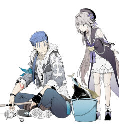 Rule 34 | 1boy, 1girl, arms behind back, bare shoulders, belt, beret, black belt, black boots, black gloves, black hat, black jacket, blue hair, blue pants, blunt bangs, boots, bow, breasts, bucket, chain, chest bow, cigarette, closed mouth, clothing cutout, collarbone, commentary request, creature, crescent, crescent necklace, cu chulainn (fate), cu chulainn (fate/stay night), cu chulainn (honkai: star rail) (fate), doll joints, dress, earrings, fate/stay night, fate/unlimited blade works, fate (series), fingerless gloves, fish, flower, full body, fur-trimmed jacket, fur trim, gloves, gold earrings, grey jacket, hair flower, hair ornament, half-closed eyes, hat, herta (honkai: star rail), herta (puppet) (honkai: star rail), high heel boots, high heels, honkai: star rail, honkai (series), jacket, jewelry, joints, long hair, long sleeves, looking at another, low ponytail, medium breasts, necklace, open clothes, open jacket, pants, pink eyes, ponytail, purple bow, purple eyes, purple flower, sailor collar, shirt, shoes, shoulder cutout, sidelocks, simple background, sitting, sneakers, standing, syatey, tassel, trotter (honkai: star rail), v-shaped eyebrows, white background, white dress, white shirt