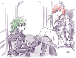 1boy 1girl adjusting_footwear armor batoson54 boots breasts closed_mouth commentary_request elbow_gloves fire_emblem fire_emblem:_the_blazing_blade gloves green_eyes green_hair hair_ornament heath_(fire_emblem) leg_up looking_at_another medium_hair nintendo partially_colored priscilla_(fire_emblem) red_hair short_hair signature sitting skirt small_breasts wing_hair_ornament
