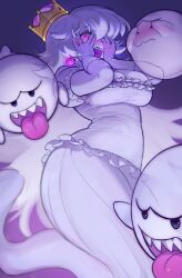 benzbt blush boo_(mario) breasts dress earrings embarrassed ghost hands_on_own_face highres jewelry large_breasts luigi&#039;s_mansion mario_(series) monster_girl new_super_mario_bros._u_deluxe nintendo pink_eyes princess_king_boo sharp_teeth super_crown teeth tongue tongue_out white_hair