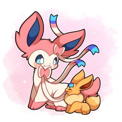 Rule 34 | absurdres, animal focus, blue eyes, blush, bow, bright pupils, closed eyes, eevee, gen 1 pokemon, gen 6 pokemon, highres, nintendo, no humans, pokemon, pokemon (creature), ribbon, sevi (seviyummy), signature, sitting, smile, sylveon, white pupils