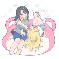 2girls :d \||/ ^_^ animal-shaped_pillow animal_background aqua_eyes bang_dream! bear bear_background belt black_hair blonde_hair blue_shorts blunt_ends brown_belt character_background character_pillow closed_eyes collared_shirt commentary cropped_legs denim denim_skirt english_text flying_sweatdrops grey_shirt hair_ornament hairclip highres hood hood_down hoodie light_blush long_hair long_sleeves looking_at_another lying michelle_(bang_dream!) multiple_girls no_shoes okusawa_misaki on_back on_pillow open_mouth outstretched_arms parted_bangs puff_of_air raised_eyebrow shirt short_sleeves shorts side-by-side sidelocks sitting_on_pillow skirt smile socks sparkling_eyes sweatdrop symbol-only_commentary text_print tsurumaki_kokoro twitter_username umaa42 white_background white_hoodie white_socks
