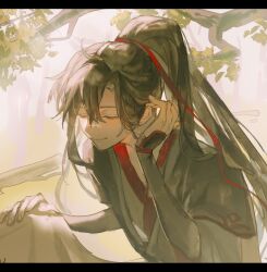 2boys absurdres adjusting_hair ahoge bishounen black_hair black_hanfu branch chinese_clothes closed_eyes closed_mouth eyelashes hair_between_eyes hair_ribbon hand_on_another&#039;s_shoulder hand_up hanfu high_ponytail highres leaf letterboxed long_hair long_sleeves male_focus modao_zushi multiple_boys ponytail red_ribbon ribbon robe sidelocks sleeves_past_wrists smile solo_focus tree upper_body very_long_hair wei_wuxian wide_sleeves xianyu_tuitui