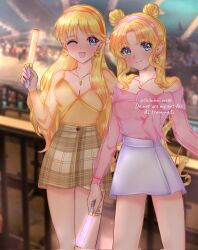 2girls aino_minako alternate_costume bishoujo_senshi_sailor_moon blonde_hair blue_eyes breasts brown_skirt cleavage collarbone crescent crescent_necklace double_bun earrings erni_1232 hair_bun hairband highres jewelry long_hair multiple_girls necklace pink_shirt shirt skirt smile tsukino_usagi twintails venus_symbol watermark white_skirt yellow_shirt