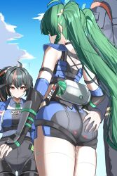 1boy 2girls aftersex android black_hair black_shorts blue_jacket braided_sidelock checkered_necktie collared_shirt crop_top cum cumdrip fahufahu grabbing_another&#039;s_ass green_hair groping hairband high-waist_pants highres jacket long_hair metal_hairband multicolored_hair multiple_girls necktie outdoors pants police police_badge police_uniform policewoman ponytail qingyi_(zenless_zone_zero) red_streaks shirt short_shorts shorts sphere_hair_ornament streaked_hair tight_clothes tight_pants twintails white_shirt wise_(zenless_zone_zero) zenless_zone_zero zhu_yuan