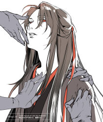 1boy 4others black_hair black_hanfu brown_hair chinese_clothes clothes_grab coat disembodied_hand fingernails grey_coat hair_between_eyes hair_down hair_ribbon half_updo hand_on_another&#039;s_chest hand_on_another&#039;s_face hand_on_another&#039;s_shoulder hanfu limited_palette long_hair looking_at_viewer looking_down male_focus modao_zushi multiple_others official_alternate_costume official_alternate_hairstyle out_of_frame parted_bangs parted_lips red_eyes red_ribbon ribbon simple_background solo_focus spot_color twitter_username upper_body watermark wei_wuxian wei_wuxian_(yiling_laozu) white_background ykmr_(haga)