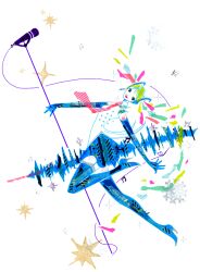 1girl :d \m/ abstract beamed_eighth_notes black_eyes blonde_hair blue_boots blue_gloves blue_skirt boots cable collared_shirt commentary_request dynamic_pose elbow_gloves from_side garter_straps gloves green_hair hair_ornament hatsune_miku heart high_heel_boots high_heels holding holding_microphone_stand knee_up long_hair looking_at_viewer masking_tape_(medium) microphone microphone_stand mixed_media multicolored_hair musical_note necktie open_hand open_mouth pink_hair pole_dancing red_hair red_necktie ryono shirt shoulder_tattoo skirt sleeveless sleeveless_shirt smile solo sound_wave sparkle star_(symbol) tattoo thigh_boots traditional_media twintails unconventional_media very_long_hair vocaloid watermark web_address white_background white_shirt