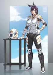 1girl 2025 absurdres animal_ears armor artist_name atago_(azur_lane) azur_lane breasts cirenk commentary commission english_commentary helmet highres long_hair mole mole_under_eye ribbon solo unworn_headwear unworn_helmet white_ribbon