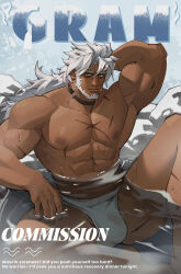1boy abs absurdres alchemy_stars anoko_nai arm_up armpits bara bare_pectorals beard biceps character_name choker closed_mouth cross_scar english_text facial_hair gram_(alchemy_stars) highres looking_at_viewer male_focus male_underwear multiple_scars muscular muscular_male navel nipples onsen pectorals scar scar_on_arm scar_on_chest scar_on_leg topless_male underwear white_hair white_male_underwear