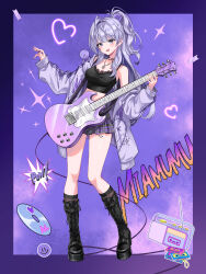 1girl absurdres black_boots boots cassette_tape cd character_name collarbone commission crop_top grey_eyes grey_hair grey_jacket guitar heart highres holding holding_guitar holding_instrument holding_plectrum indie_virtual_youtuber instrument jacket jewelry knee_boots long_hair miamumu minj_kim necklace open_mouth plaid_clothes plaid_skirt plectrum ponytail purple_skirt radio skirt smiley_face solo virtual_youtuber