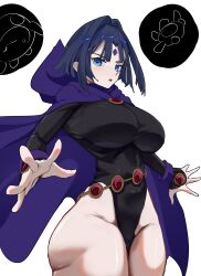 1girl absurdres alternate_costume black_leotard blunt_ends breasts cape casting_spell commentary cosplay curtained_hair dc_comics floating floating_object forehead_jewel gem gem_belt groin hair_intakes hand_jewel highleg highres hololive hololive_english hood hooded_cape koizumi_arata kronie_(ouro_kronii) large_breasts leotard long_sleeves looking_at_viewer open_hands ouro_kronii parted_lips purple_cape raven_(dc) raven_(dc)_(cosplay) red_gemstone short_hair sidelocks simple_background sleeved_leotard solo teen_titans thick_thighs thighs virtual_youtuber white_background