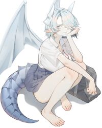 1girl asymmetrical_bangs bag bare_legs barefoot breasts commentary_request dragon_girl dragon_horns dragon_tail dragon_wings full_body grey_hair grey_skirt hair_over_one_eye hand_on_own_cheek hand_on_own_face horns huge_breasts looking_at_viewer miniskirt one_eye_covered open_collar original pero_(peroneko0510) pleated_skirt pointy_ears school_bag school_uniform shirt shirt_tucked_in short_hair simple_background skirt solo squatting tail tail_under_clothes toes white_background white_shirt wings