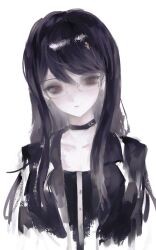 1girl black_jacket closed_mouth collarbone female_focus glasses highres jacket leather leather_jacket long_hair looking_at_viewer purple_eyes red_eyes shizuhara_hiruko simple_background solo solo_focus the_hundred_line_-last_defense_academy- white_background