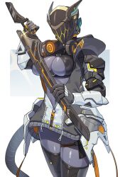1girl black_helmet black_jacket black_shirt breasts cleavage colored_skin cowboy_shot crop_top grey_skin hakidashi_11 helmet holding holding_sword holding_weapon jacket large_breasts open_clothes open_jacket phantasy_star phantasy_star_online_2 robot_girl shirt simple_background solo sword weapon white_background