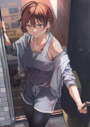 Rule 34 | 1girl, aketa mikoto, armpit crease, black leggings, blonde hair, breasts, brown eyes, brown hair, cleavage, door, doorway, grey jacket, grey shorts, grey tank top, hair between eyes, hair ornament, hairclip, highres, idolmaster, idolmaster shiny colors, jacket, large breasts, leggings, leggings under shorts, looking at viewer, multicolored hair, off shoulder, opening door, otsudou, parted lips, pov doorway, short hair, shorts, sleeves pushed up, solo, tank top
