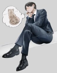 1boy 1other black_necktie black_pants black_shoes black_socks black_suit blush brown_hair cat closed_mouth commentary_request formal_clothes full_body grey_background grey_eyes highres ishida_(segu_ishida) looking_to_the_side male_focus necktie nose nose_blush original pants parted_bangs shirt shoes short_hair simple_background sitting socks suit thinking white_shirt